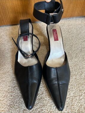 Genuine Leather Women's Black Pointed-Toe Ankle-Strap Heels